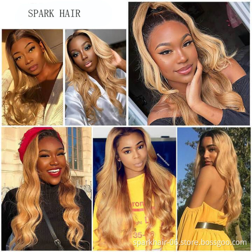 spark 1B 27 Body Wave Wig Ombre Highlight Lace Front Human Hair Wigs Preplucked Brazilian Remy Orange Colored Middle Part Wig